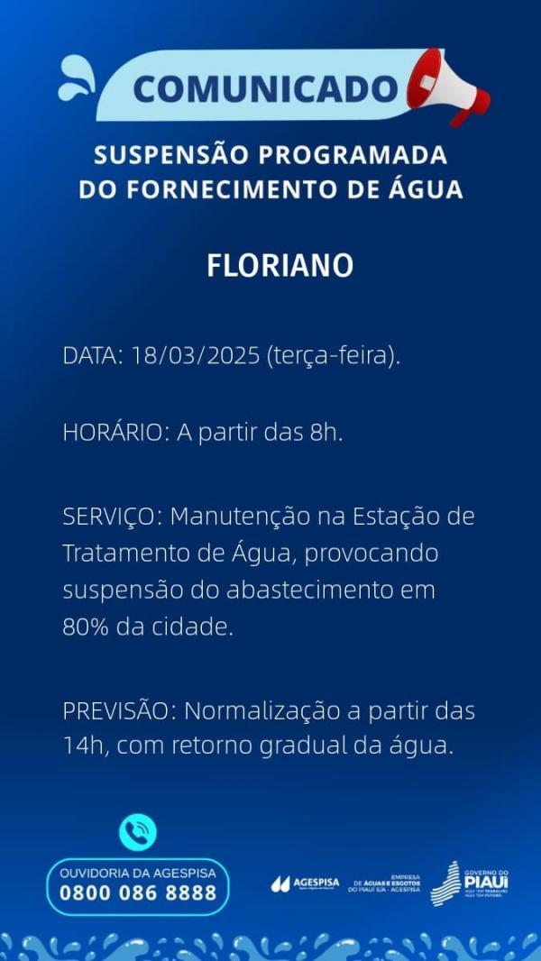  Agespisa anuncia suspens&atilde;o programada do abastecimento de &aacute;gua em Floriano.(Imagem:Divulga&ccedil;&atilde;o)