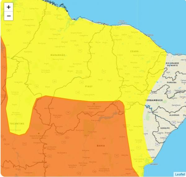 O Instituto Nacional de Meteorologia (Inmet) emitiu neste domingo (13) alertas amarelo e laranja de chuvas intensas para o estado do Piauí. O alerta tem duração de 24 horas. De a(Imagem:Reprodução)