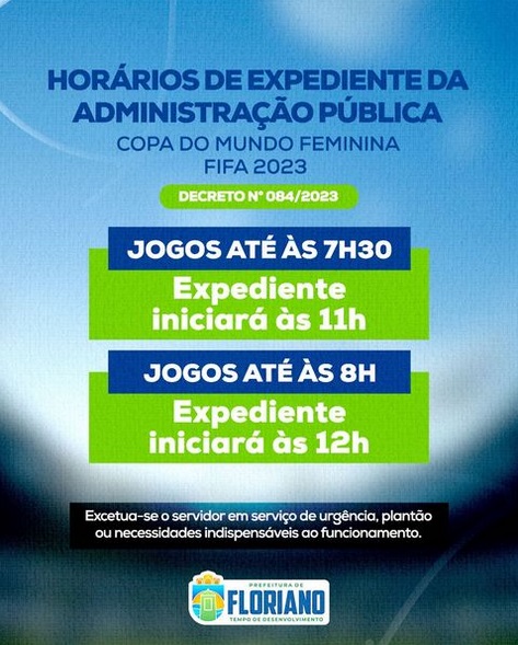 Prefeitura de Floriano concede ponto facultativo aos servidores durante a Copa do Mundo Feminina