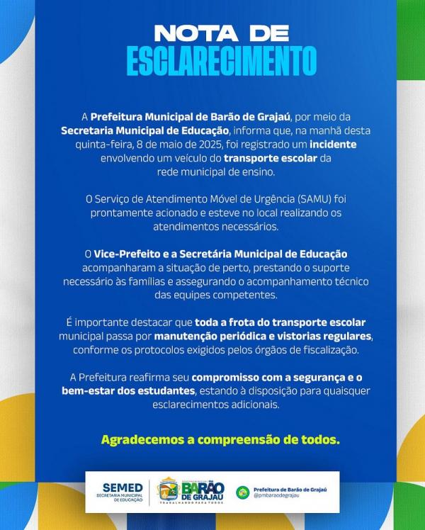 Incidente com transporte escolar é rapidamente atendido pela Prefeitura de Barão de Grajaú
